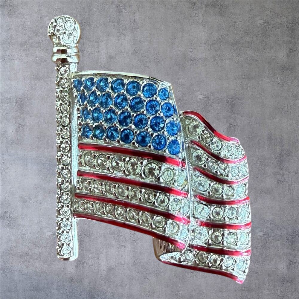 Vtg Swarovski Crystal American Flag Brooch Pin Silver Tone Red Enamel Retired